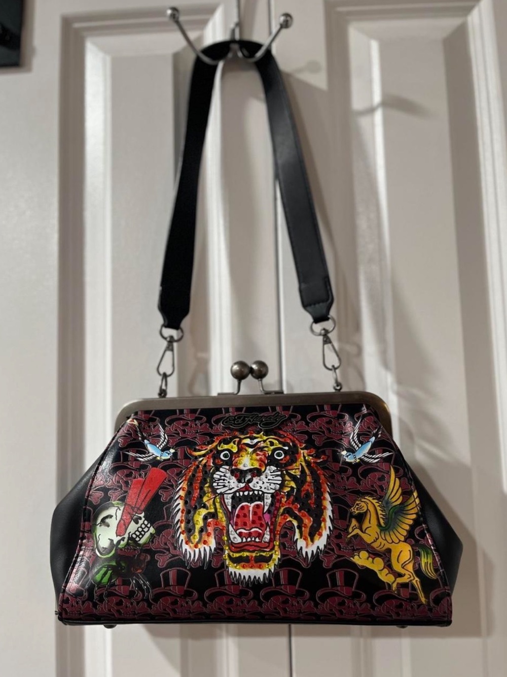 Ed Hardy Black Multicolor Tiger Kiss-Lock Shoulder Bag